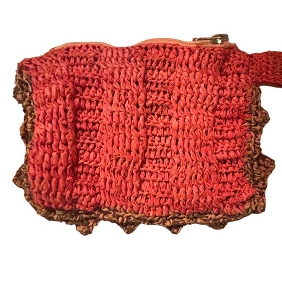 Jamin Puech Paris Hand Crocheted Raffia Straw Orange Zipper Pouch Bag Wallet - Picture 2 of 12